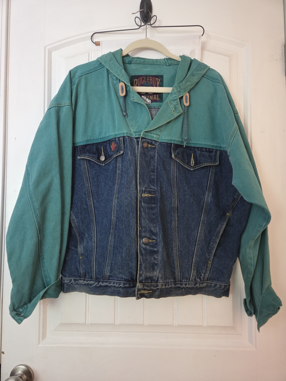 Bugle Boy Teal and Dark Blue Two-Tone Denim Hooded Jacket